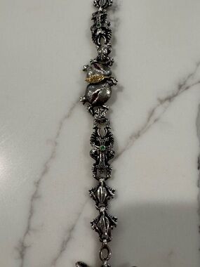 Pomegranate Motif Silver-Tone Bracelet with Gold Leaf and Green Accents